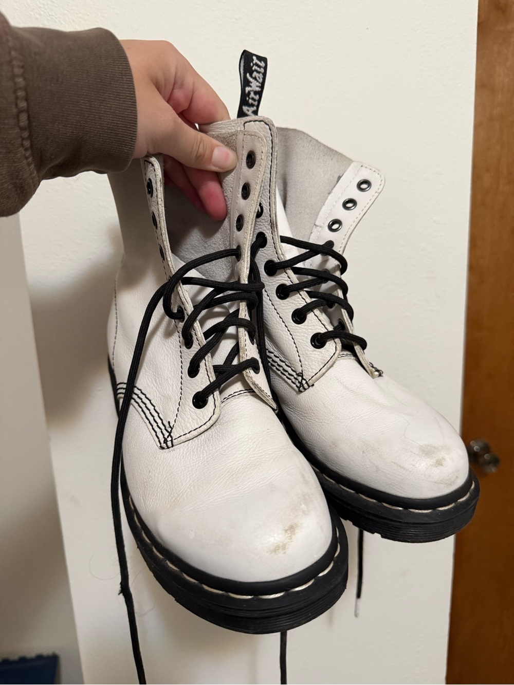 Dr. Martens White Leather Combat Boots with Black Laces